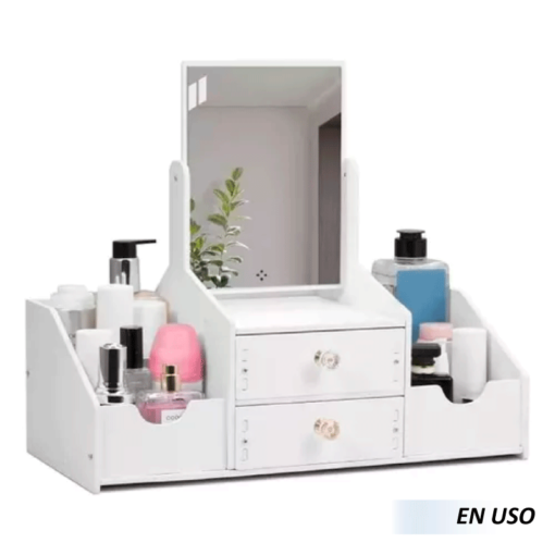 Organizador de maquillaje cosmético con espejo cuadrado